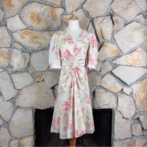 NWT Rebecca Taylor La vie Ruched Poplin Dress Cream Garden Peony | XL, 10-12